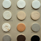 Muddy Heart glaze finish samples chart showing the neutral ceramic glaze color options