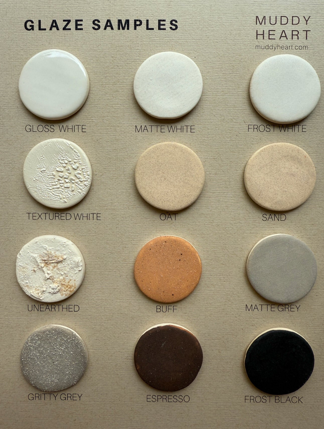 Muddy Heart glaze finish samples chart showing the neutral ceramic glaze color options