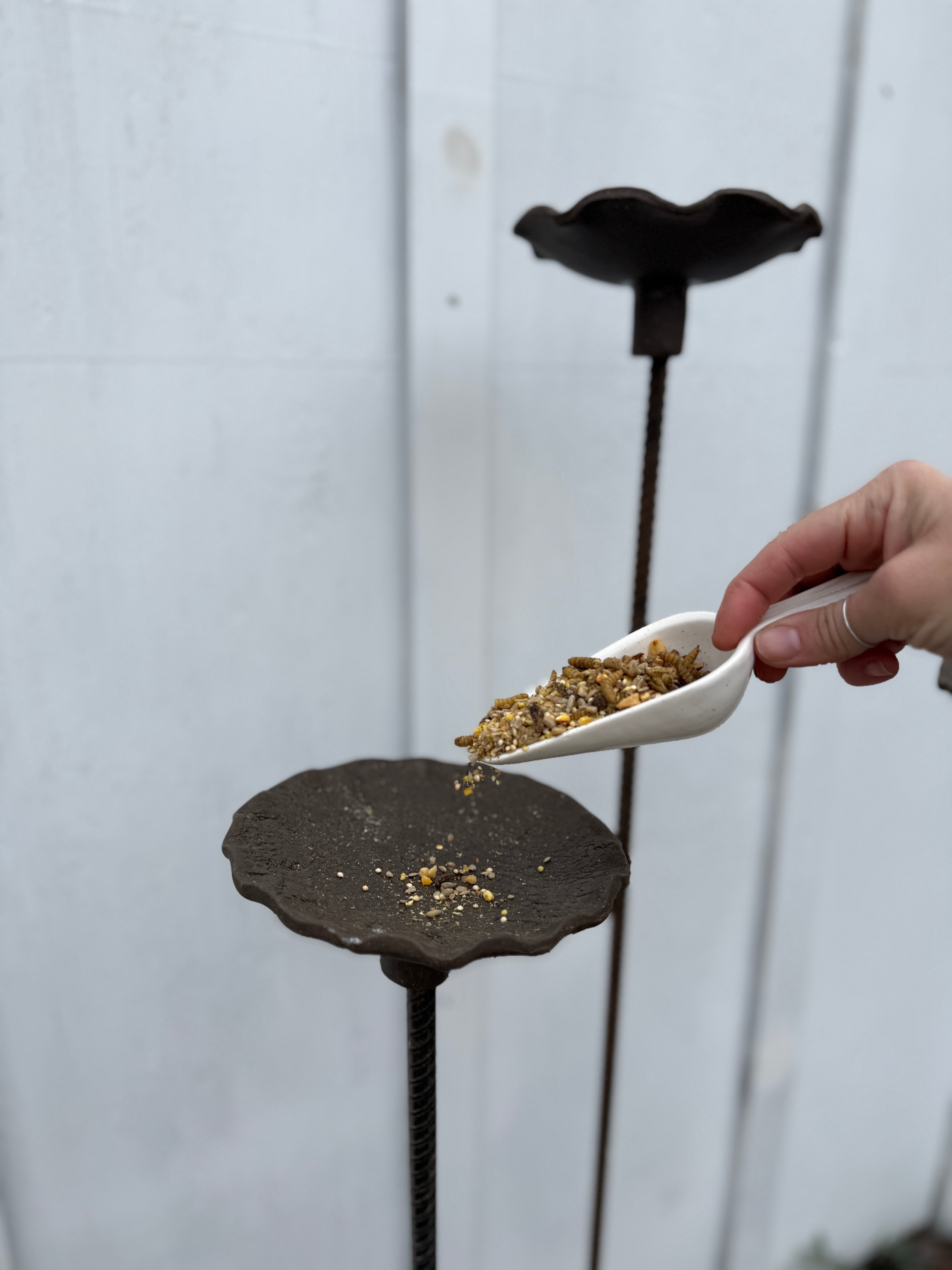 Handmade stoneware bird feeder and bath with pressed flower and leaf detailing for the garden.