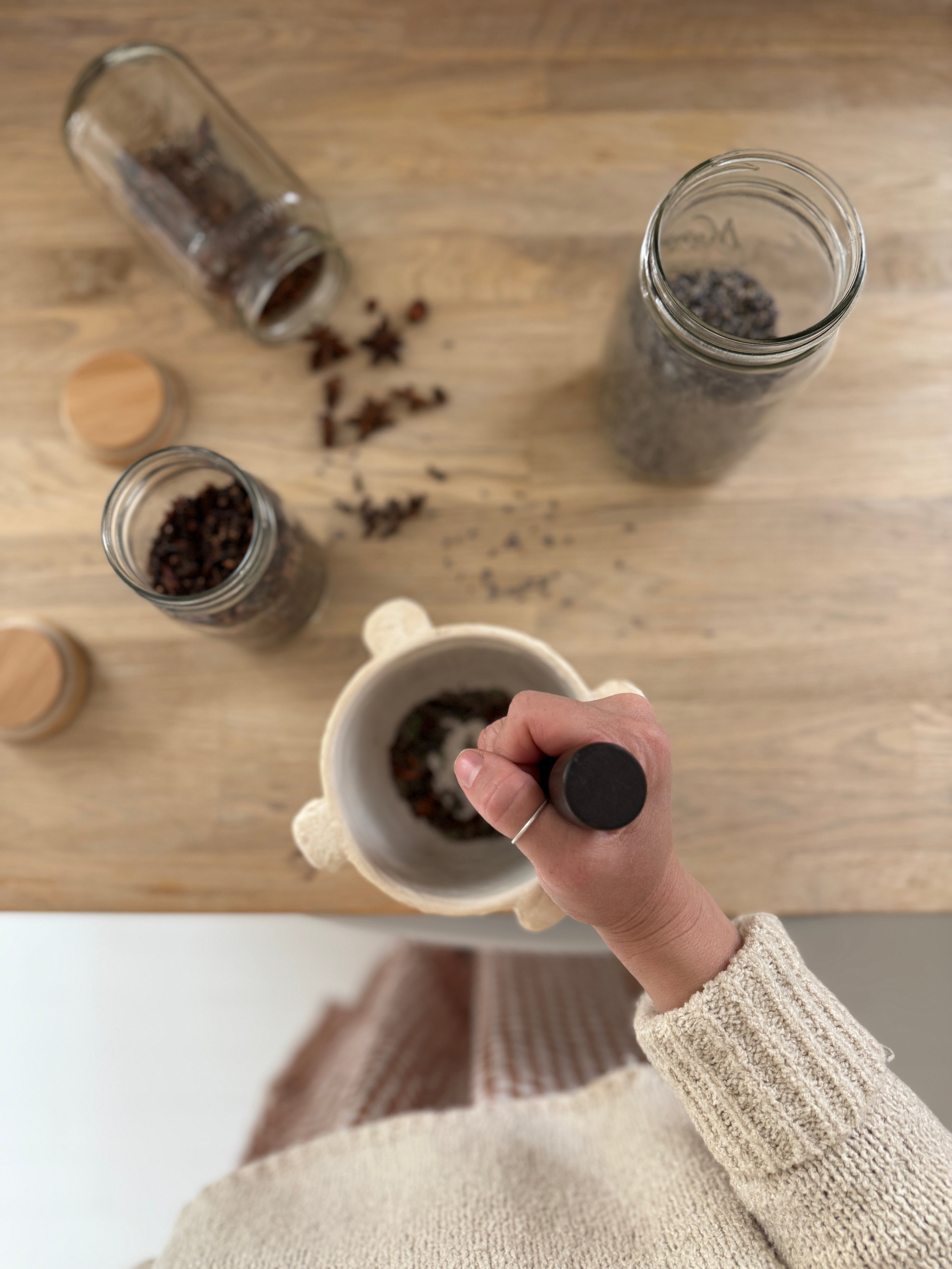 Handmade ceramic mortar and pestle inspired by ancient stone kitchen tools