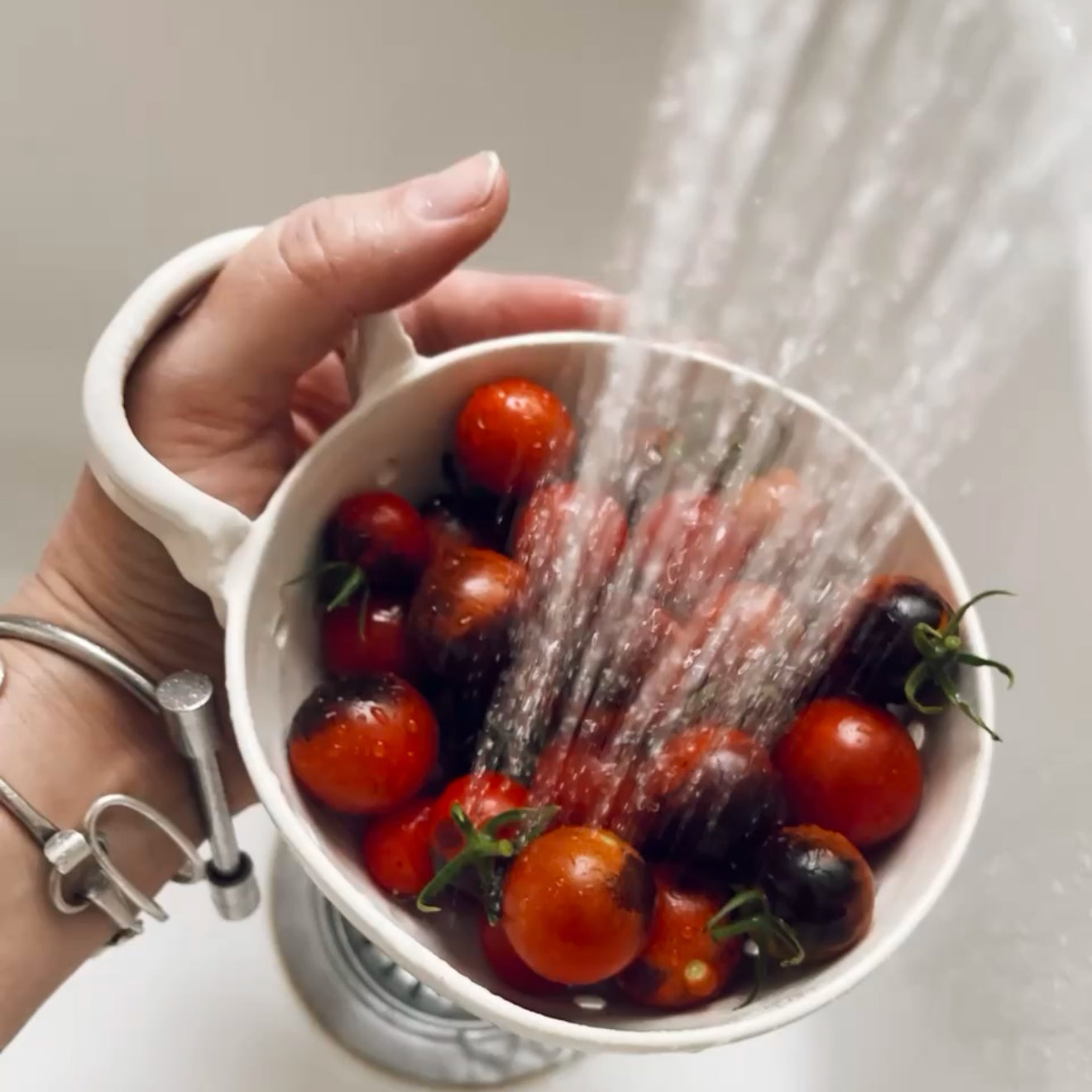 Handmade ceramic handheld berry bowl colander for washing produce