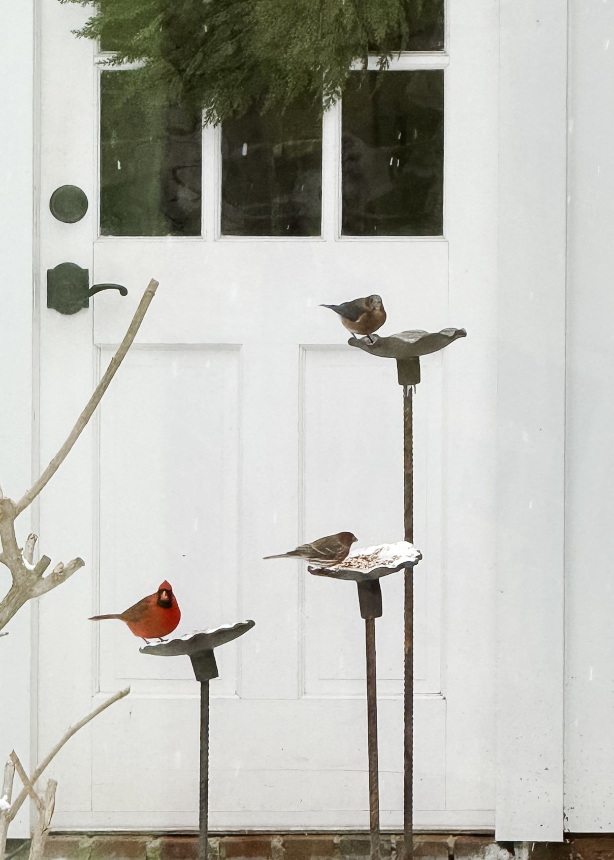 Handmade stoneware bird feeder and bath with pressed flower and leaf detailing for the garden.