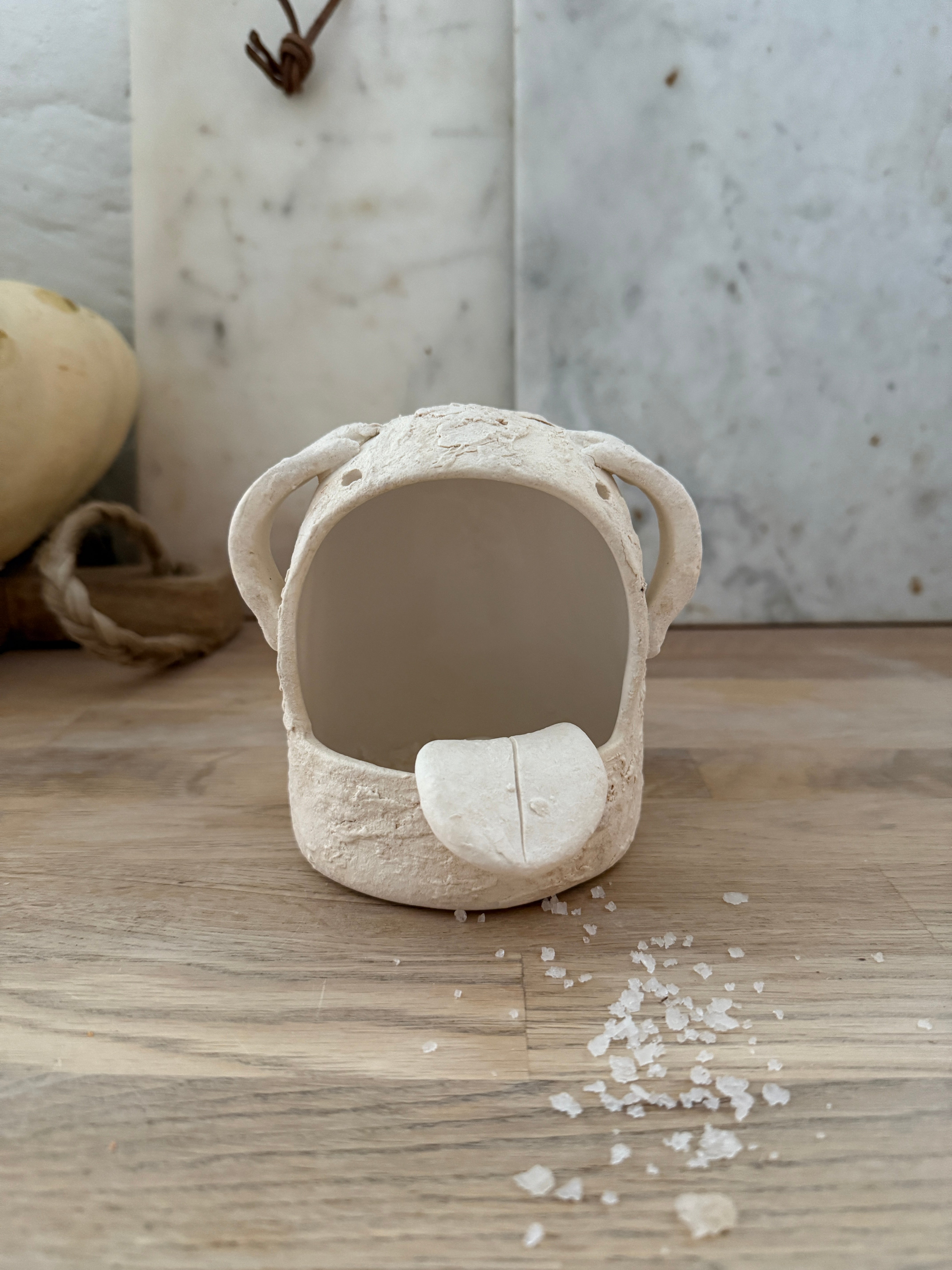 Whimsical handmade ceramic salt cellar shaped like Stanley, a googly-eyed monster