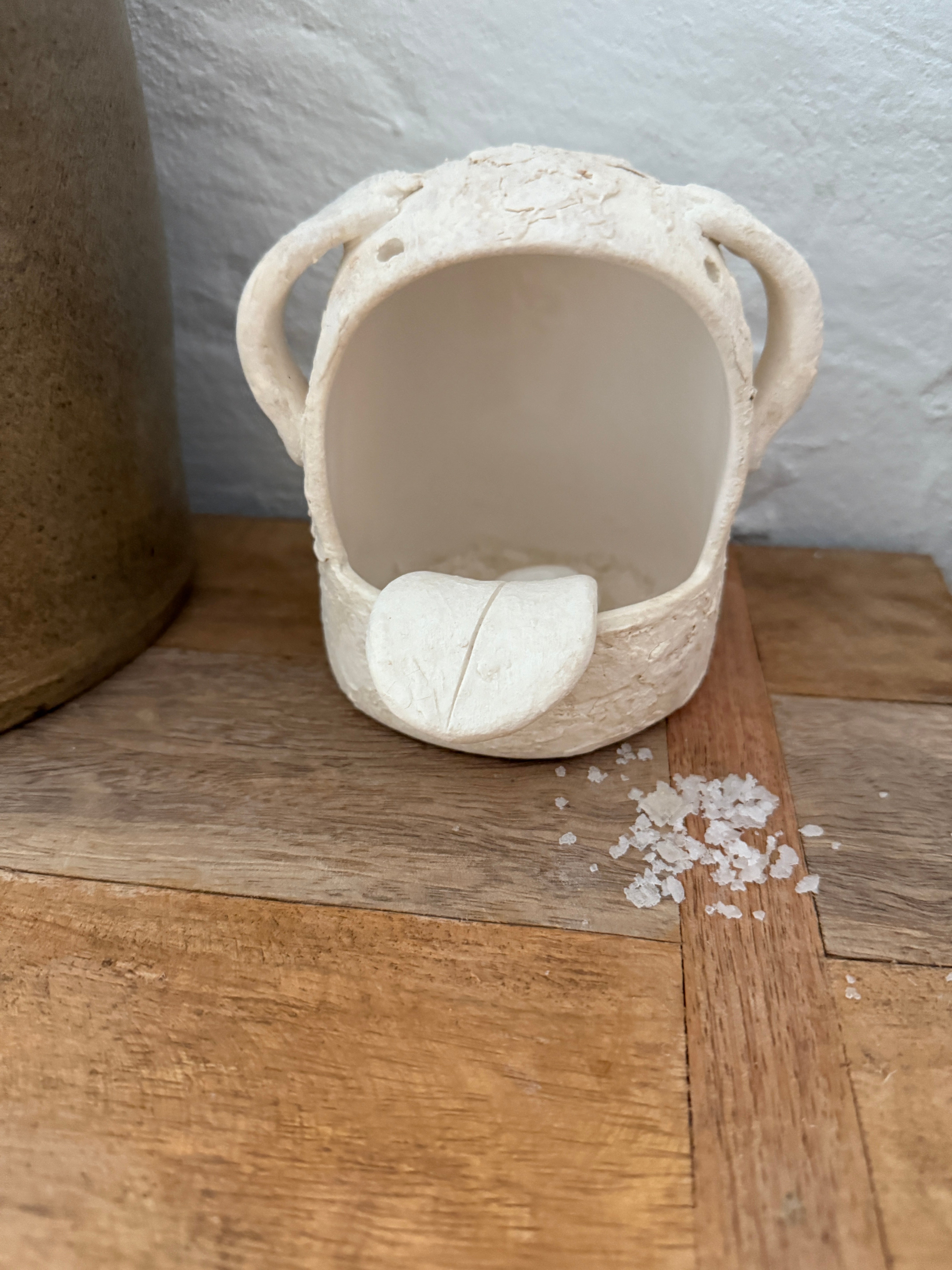 Whimsical handmade ceramic salt cellar shaped like Stanley, a googly-eyed monster