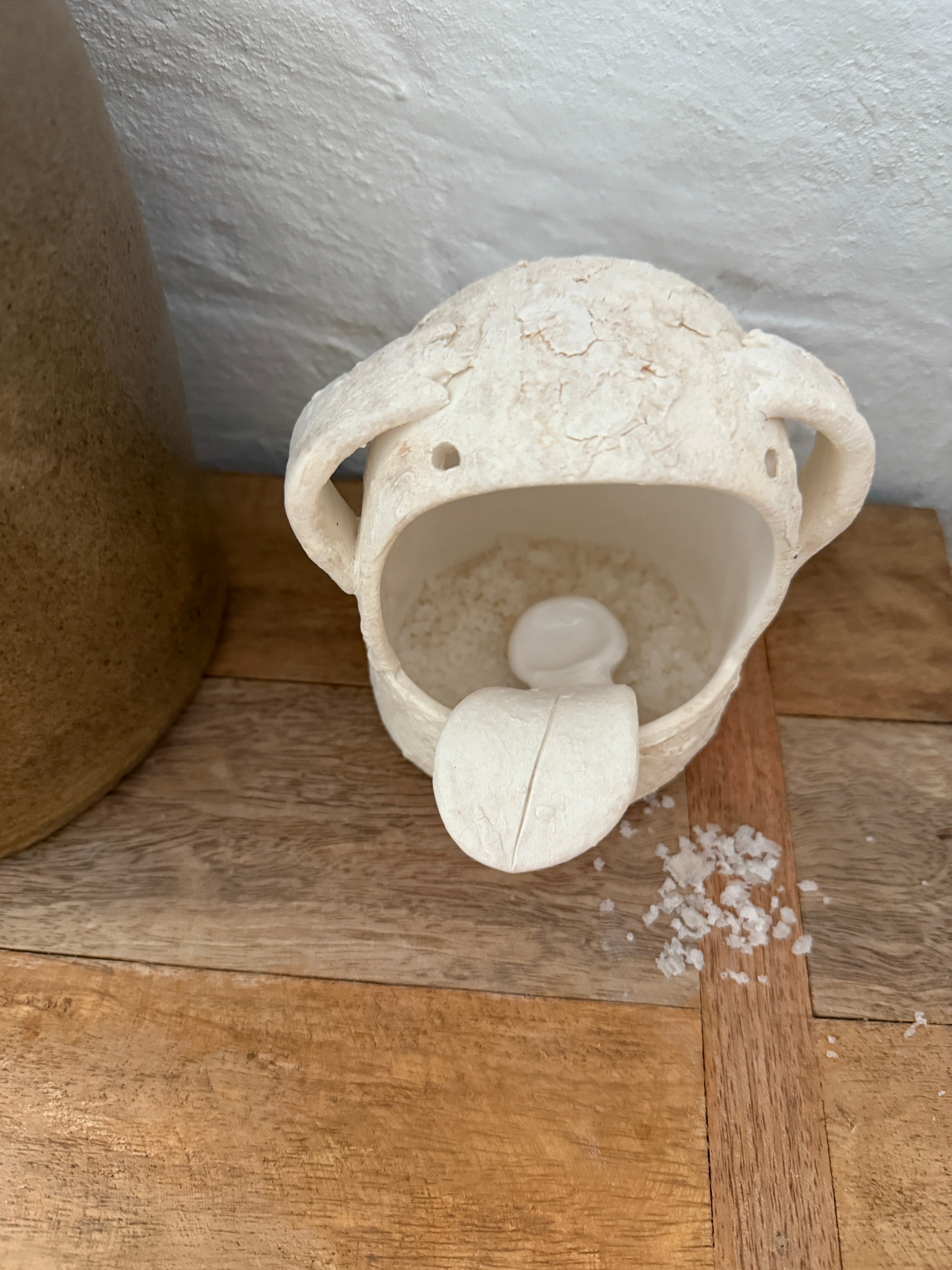 Whimsical handmade ceramic salt cellar shaped like Stanley, a googly-eyed monster