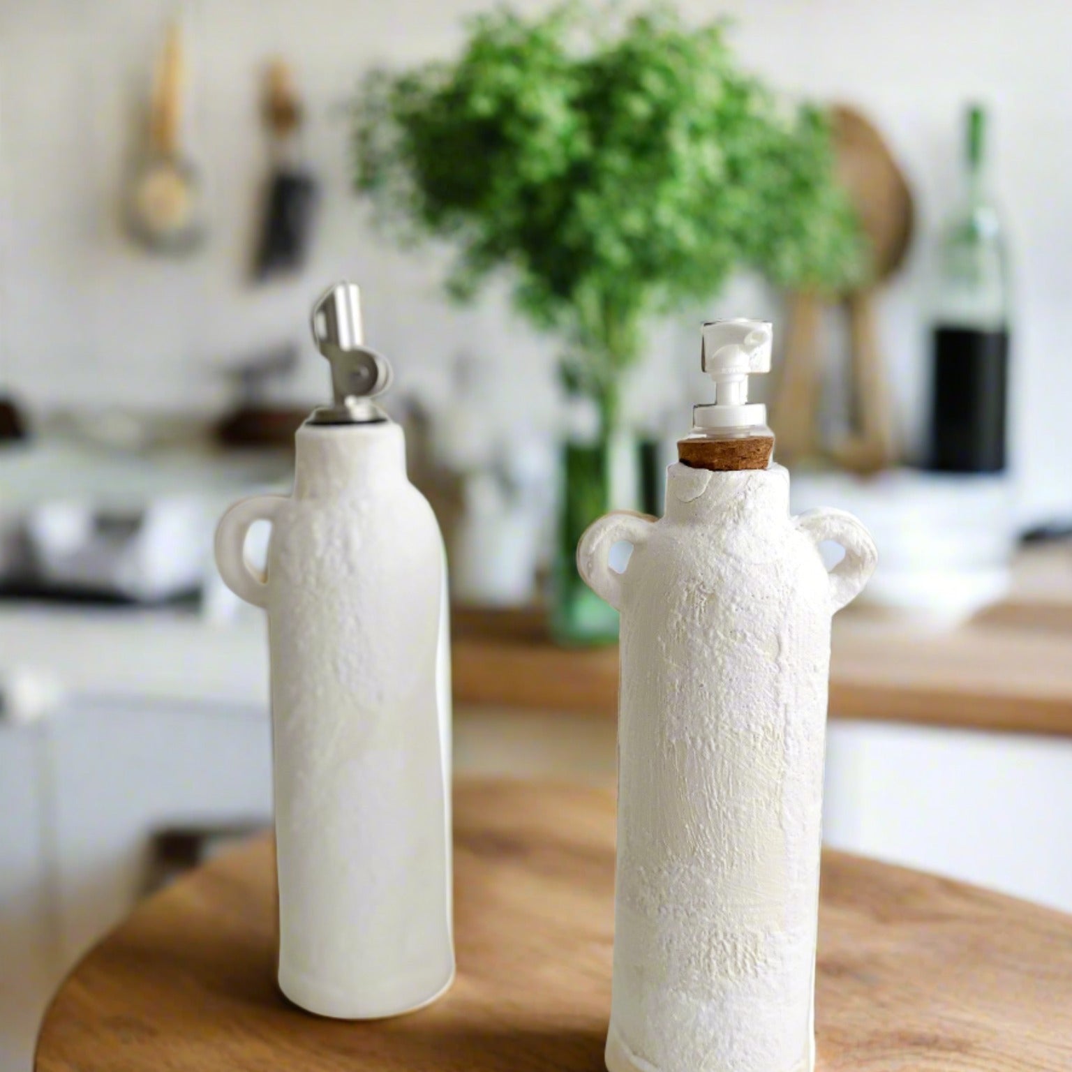 Ceramic pump dispenser bottle in a neutral glaze for kitchen or bath