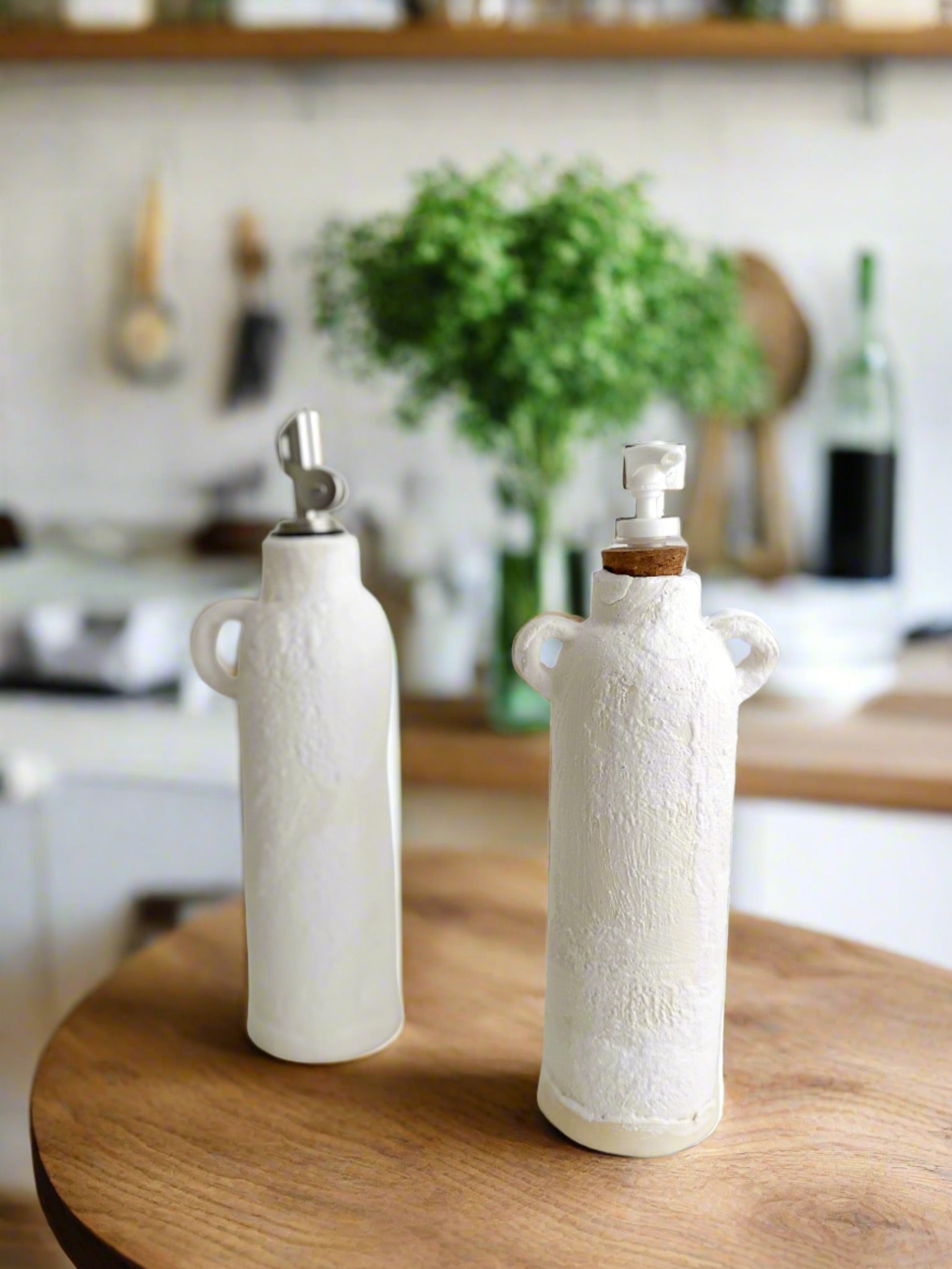 Ceramic pump dispenser bottle in a neutral glaze for kitchen or bath