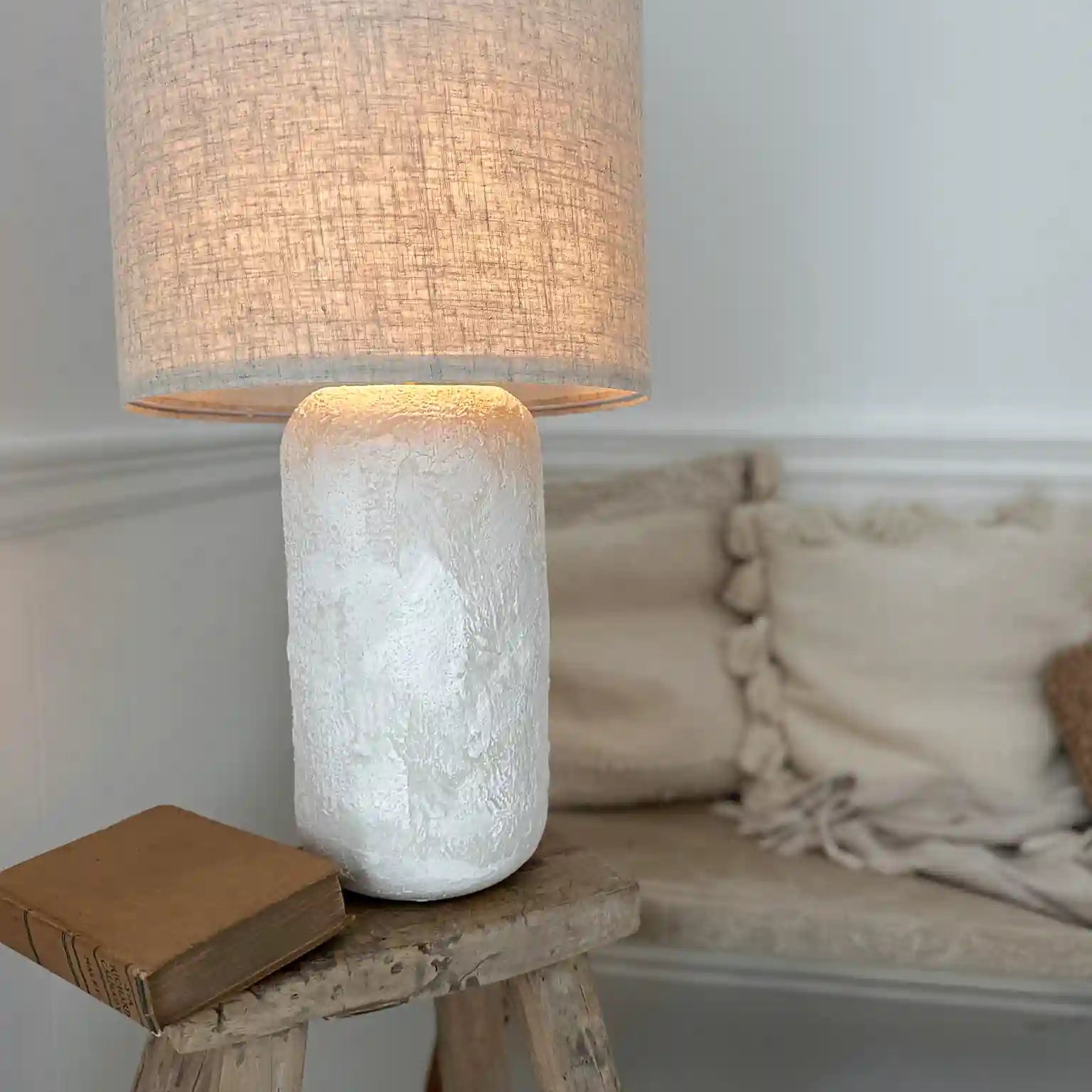 Handmade ceramic Paxton table lamp with a rustic cylindrical base