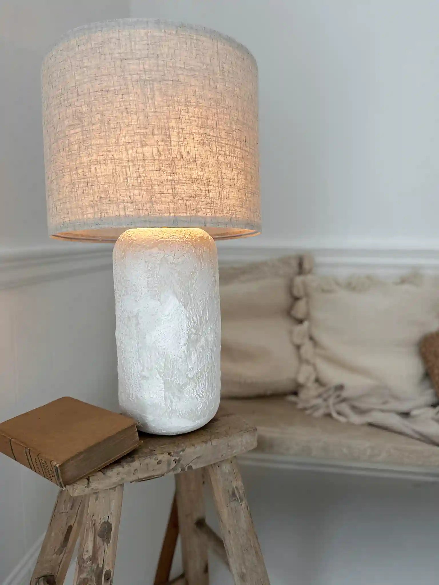 Handmade ceramic Paxton table lamp with a rustic cylindrical base