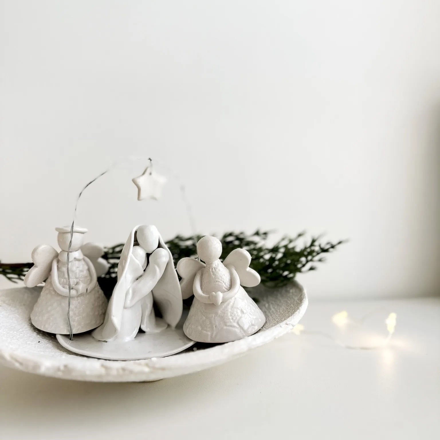 Modern minimalist ceramic nativity scene for a holiday mantel