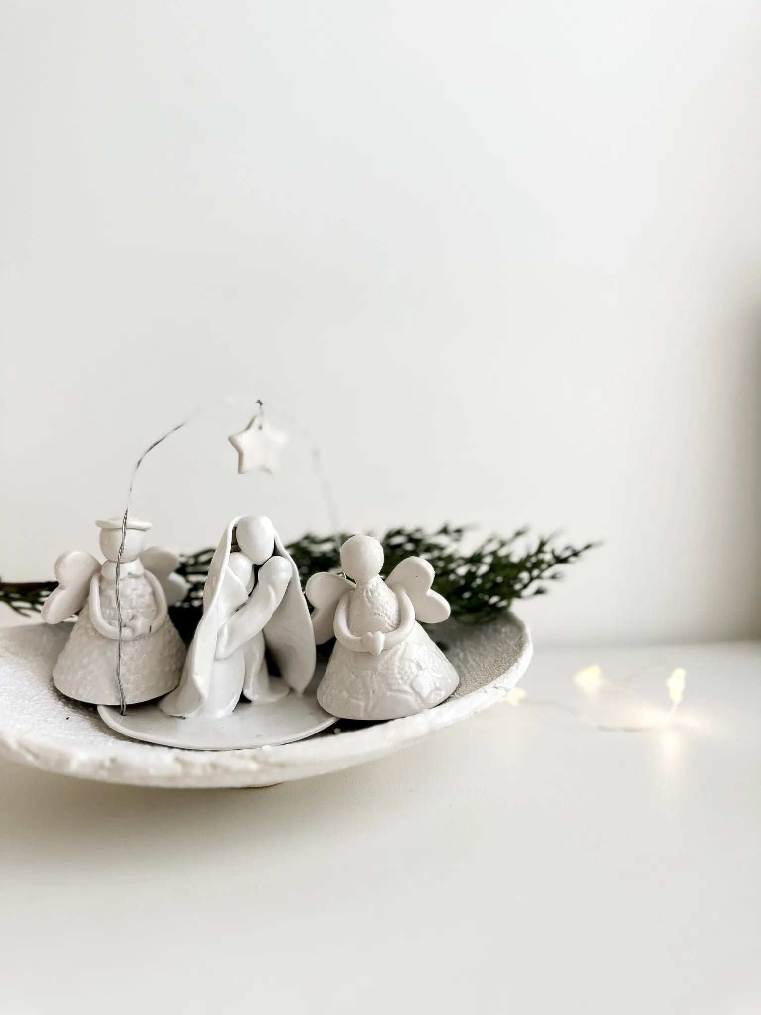 Modern minimalist ceramic nativity scene for a holiday mantel