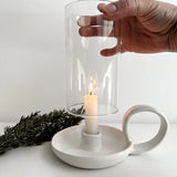 Elegant ceramic candle holder with handle and glass cover, handcrafted for organic, boho, and romantic interiors. Ideal as a gift for anniversaries or holidays, this candle holder adds a serene and stylish touch to any home