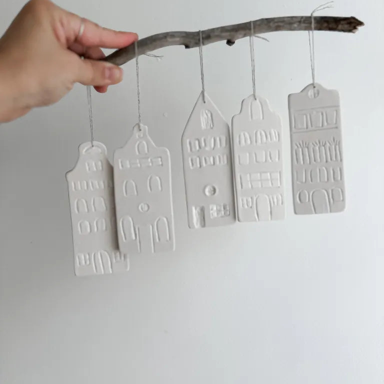 Set of porcelain row-house ornaments for the Christmas tree