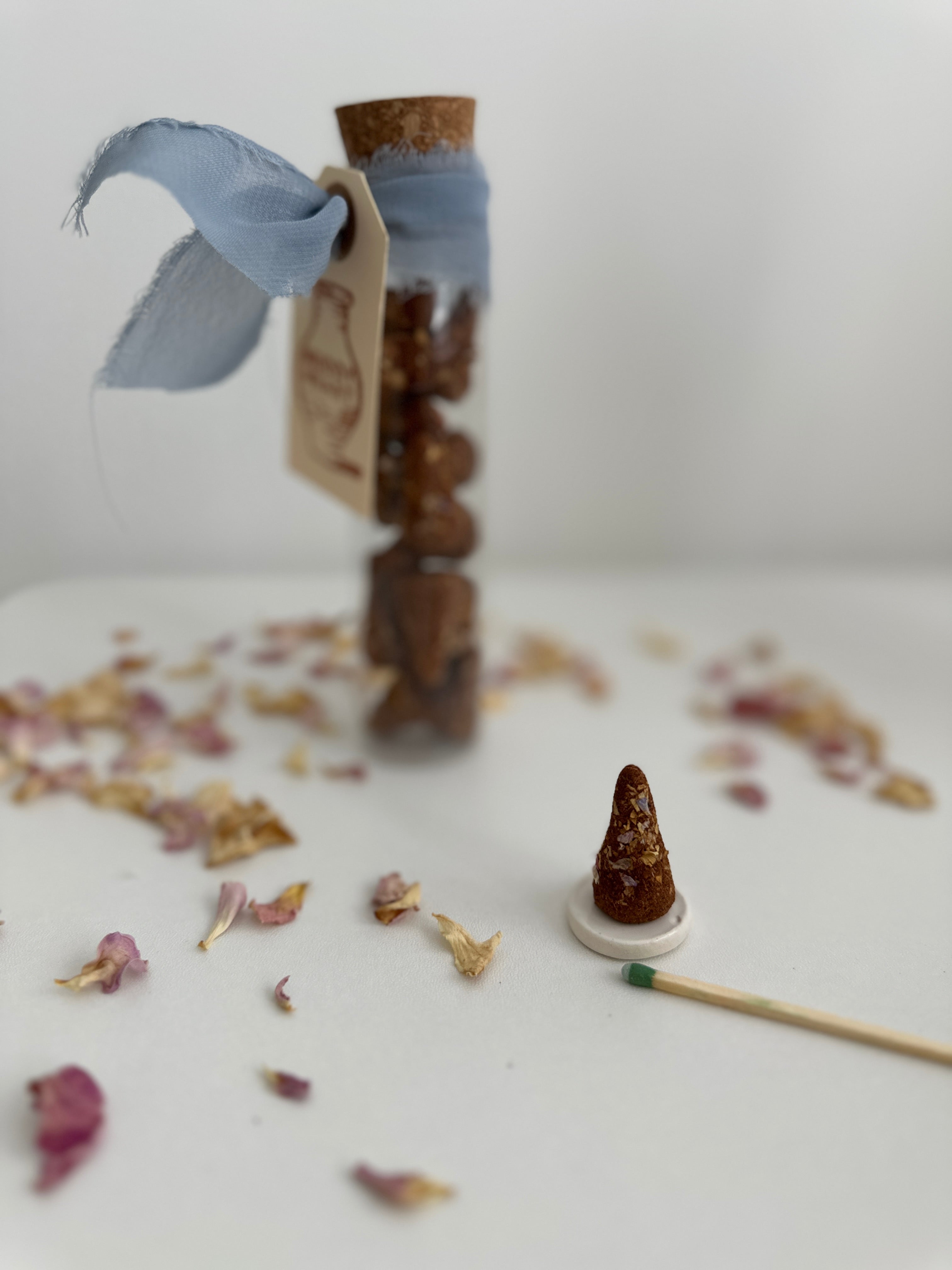 Natural incense cones arranged for display