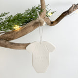 Handmade personalized porcelain baby announcement ornament and gift set for grandparents-to-be