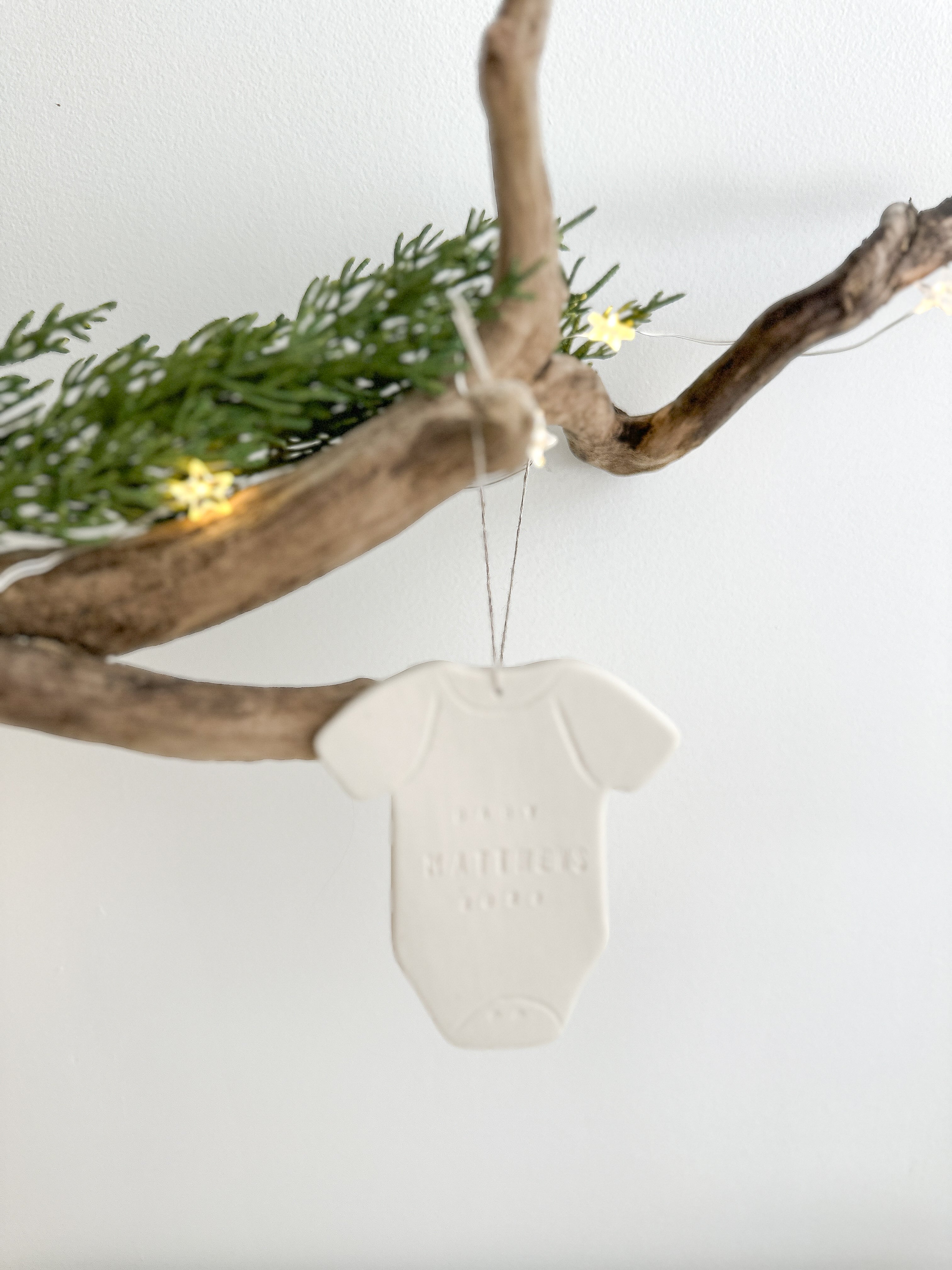 Handmade personalized porcelain baby announcement ornament and gift set for grandparents-to-be