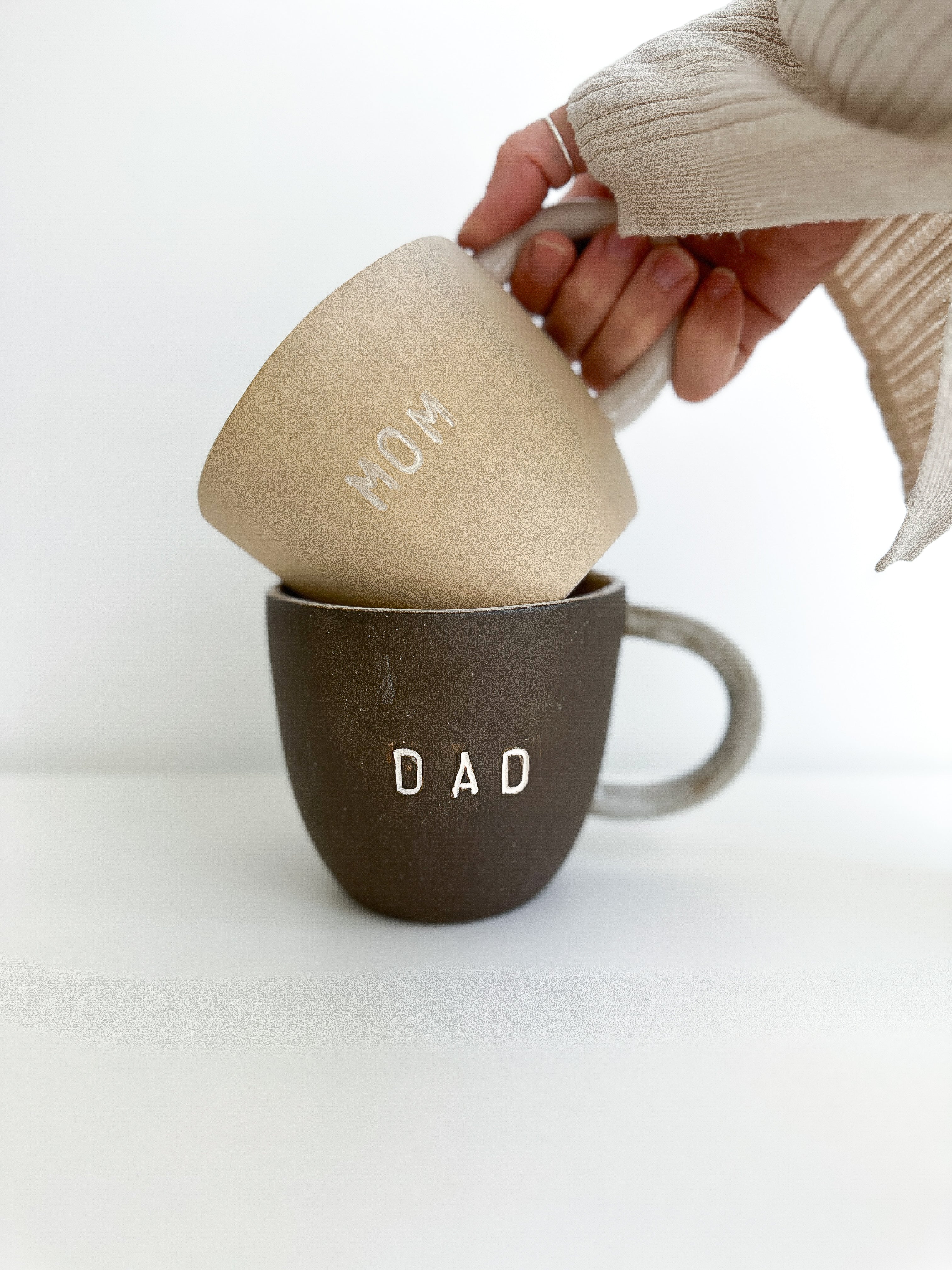 Neutral-toned handmade ceramic parent gift mugs