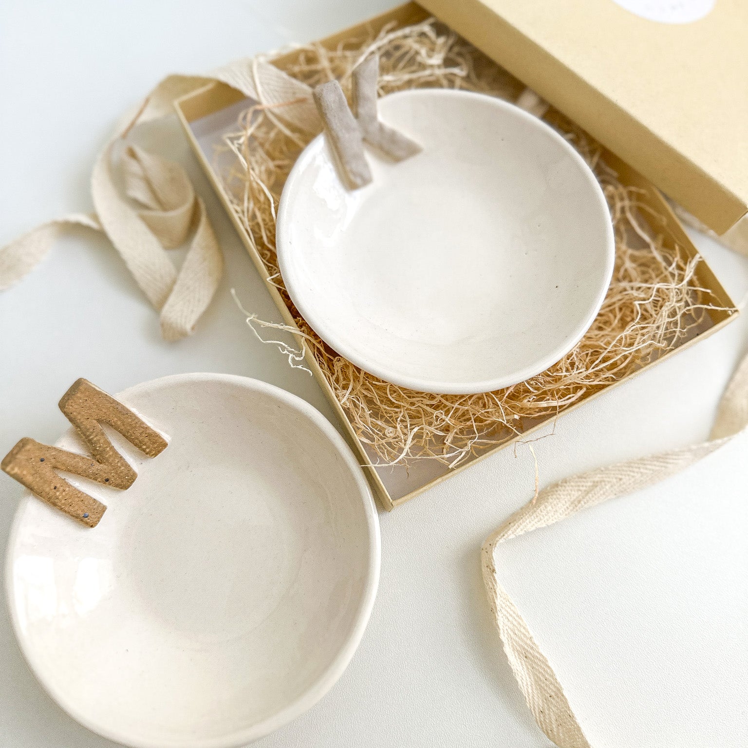 Handmade ceramic ring and jewelry dish personalized with a gold initial
