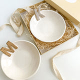 Handmade ceramic ring and jewelry dish personalized with a gold initial