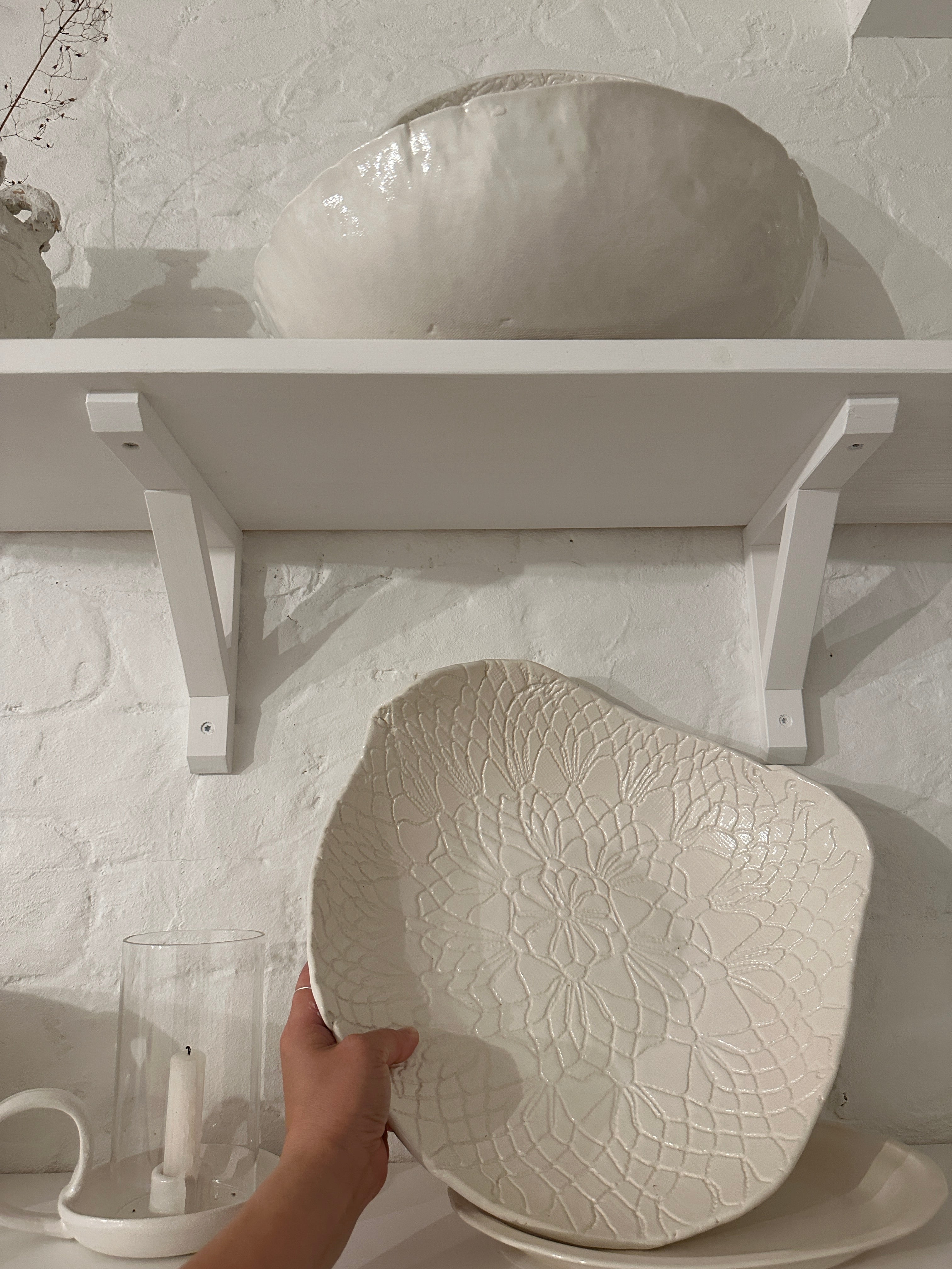 Handmade large lace-textured ceramic serving bowl by Muddy Heart