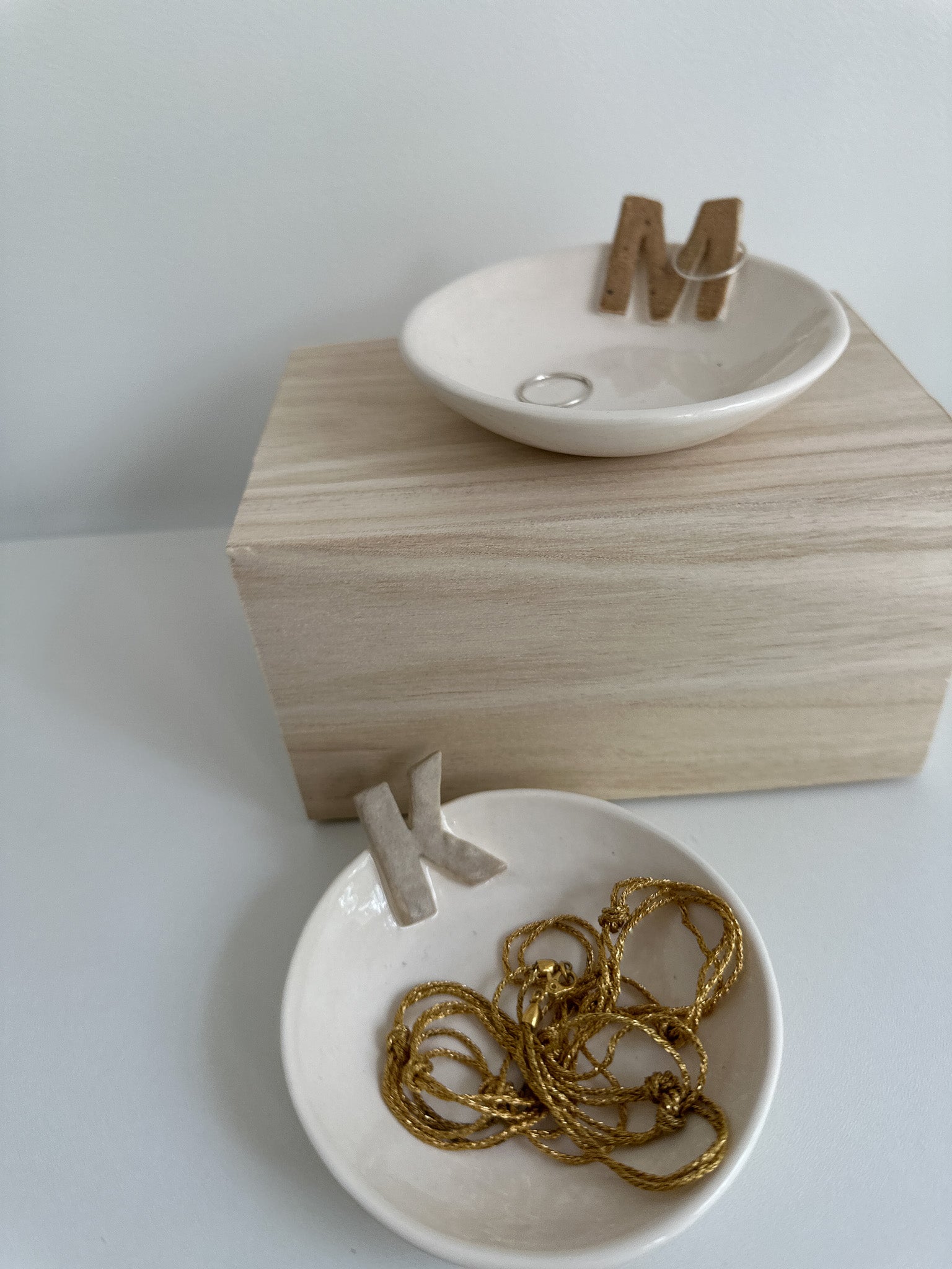 Gloss white ceramic trinket dish with a custom initial