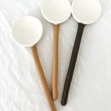 Handmade ceramic coffee and spice spoons in buff and espresso glazes, seconds-sale pieces from Muddy Heart