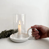 White ceramic candle holder with glass cover, perfect for organic, boho, and romantic home decor. Handmade with care, this elegant candle holder is a thoughtful gift for anniversaries, housewarmings, or holidays, enhancing any decor style