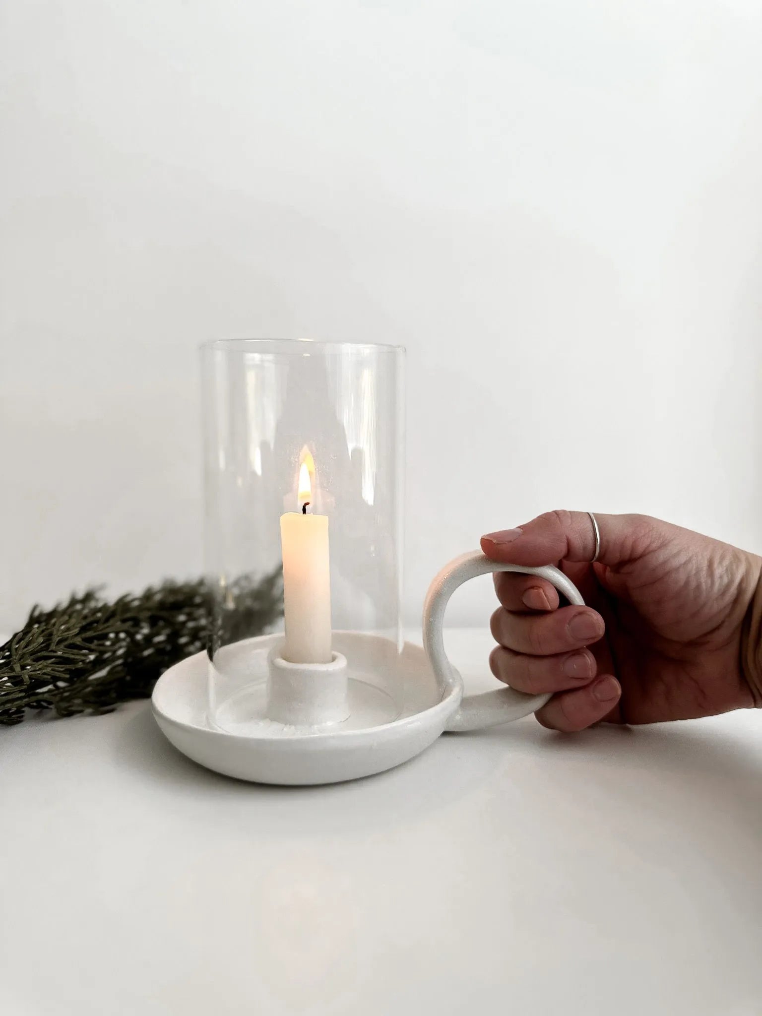 White ceramic candle holder with glass cover, perfect for organic, boho, and romantic home decor. Handmade with care, this elegant candle holder is a thoughtful gift for anniversaries, housewarmings, or holidays, enhancing any decor style