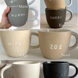 Handmade Hubby and Wifey ceramic mug gift set styled in a home setting
