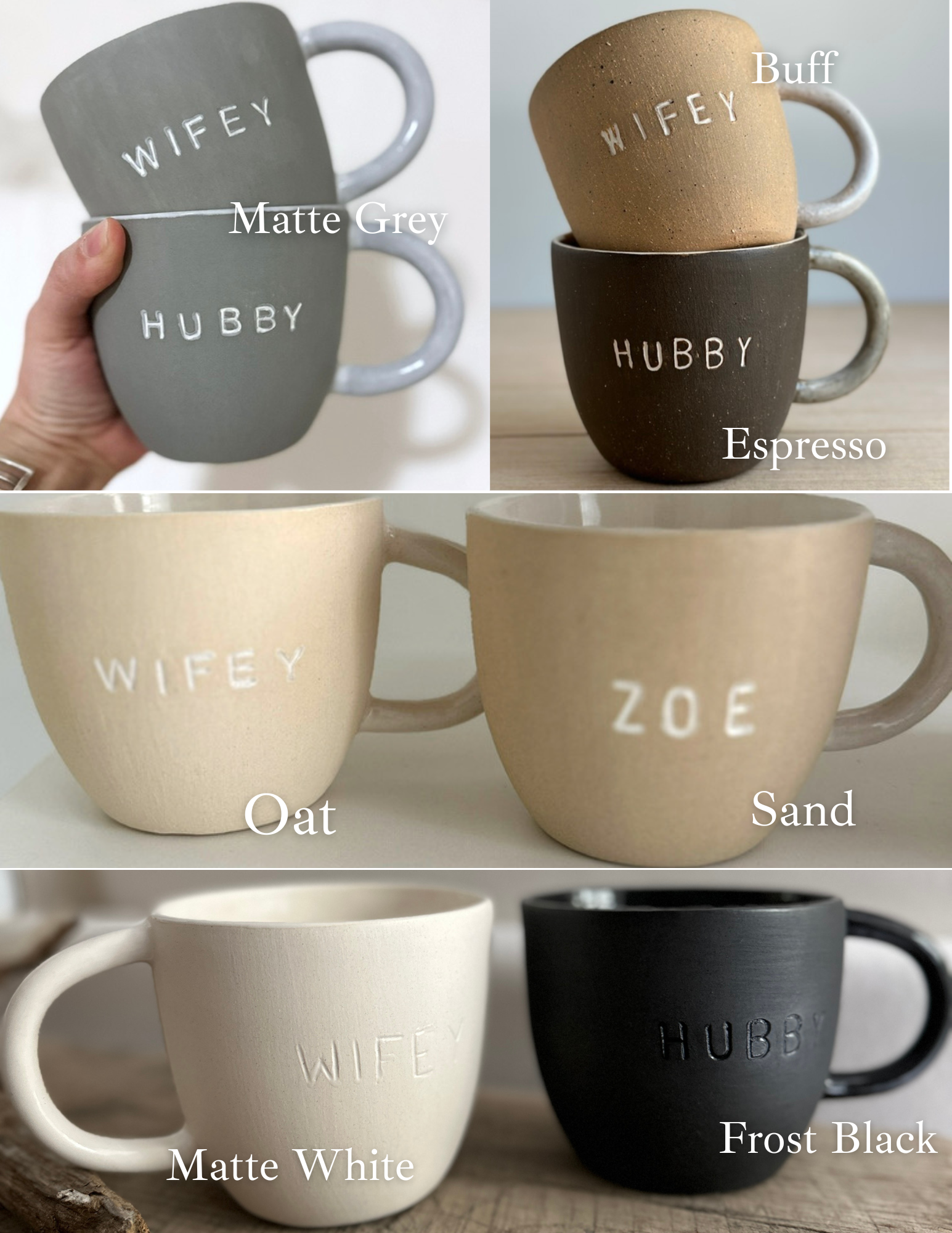 Handmade Hubby and Wifey ceramic mug gift set styled in a home setting