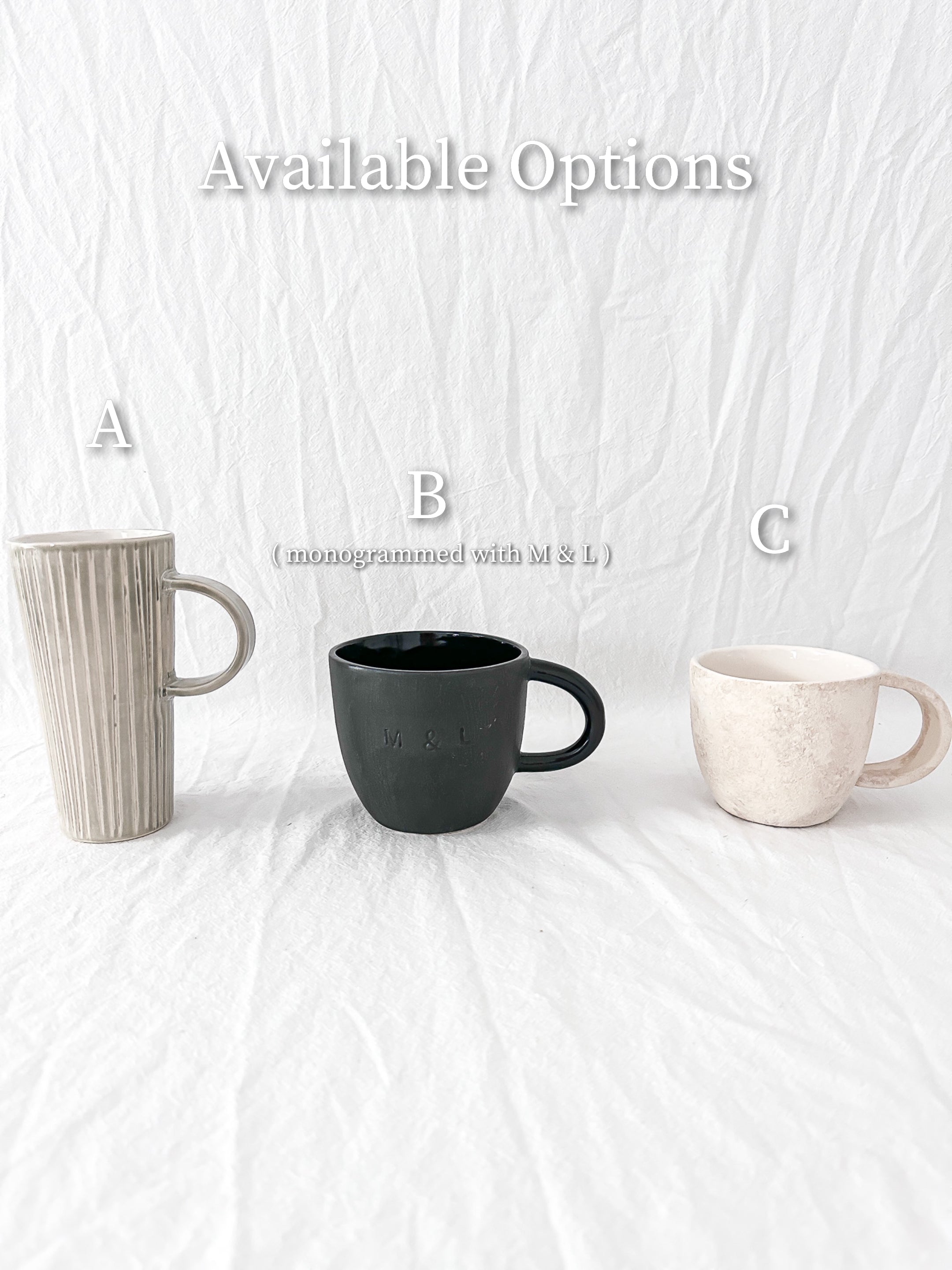 Assorted handmade ceramic mugs with textured glazes, dishwasher-safe seconds-sale pieces from Muddy Heart