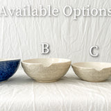 Handmade ceramic kitchen bowls in crackle white and cobalt blue glaze, dishwasher-safe seconds-sale pieces from Muddy Heart