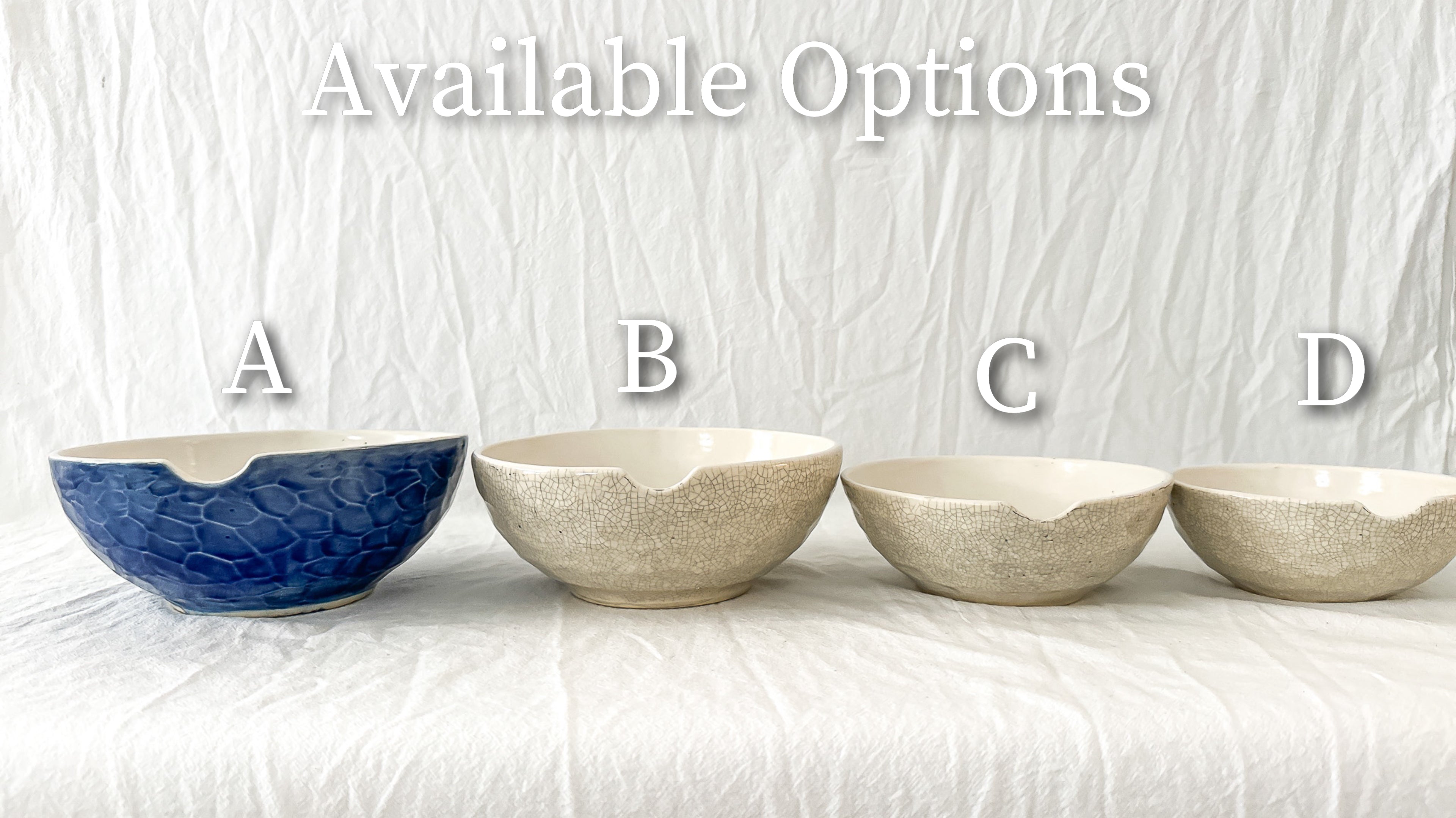 Handmade ceramic kitchen bowls in crackle white and cobalt blue glaze, dishwasher-safe seconds-sale pieces from Muddy Heart
