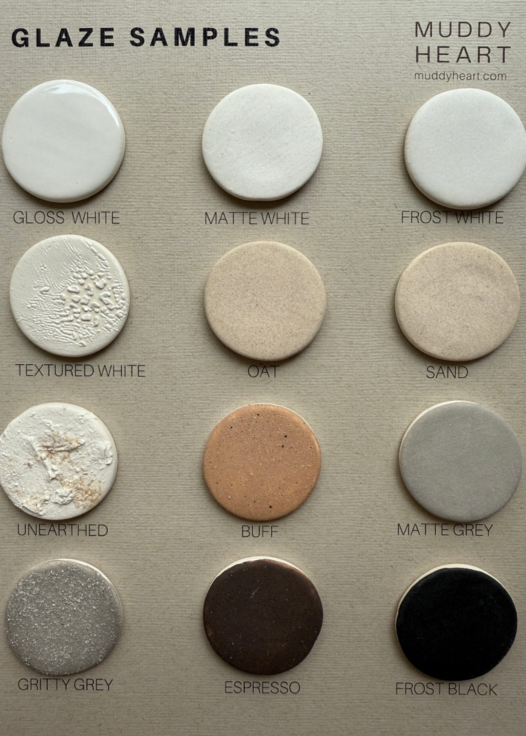 Muddy Heart glaze samples chart showing twelve neutral ceramic finishes