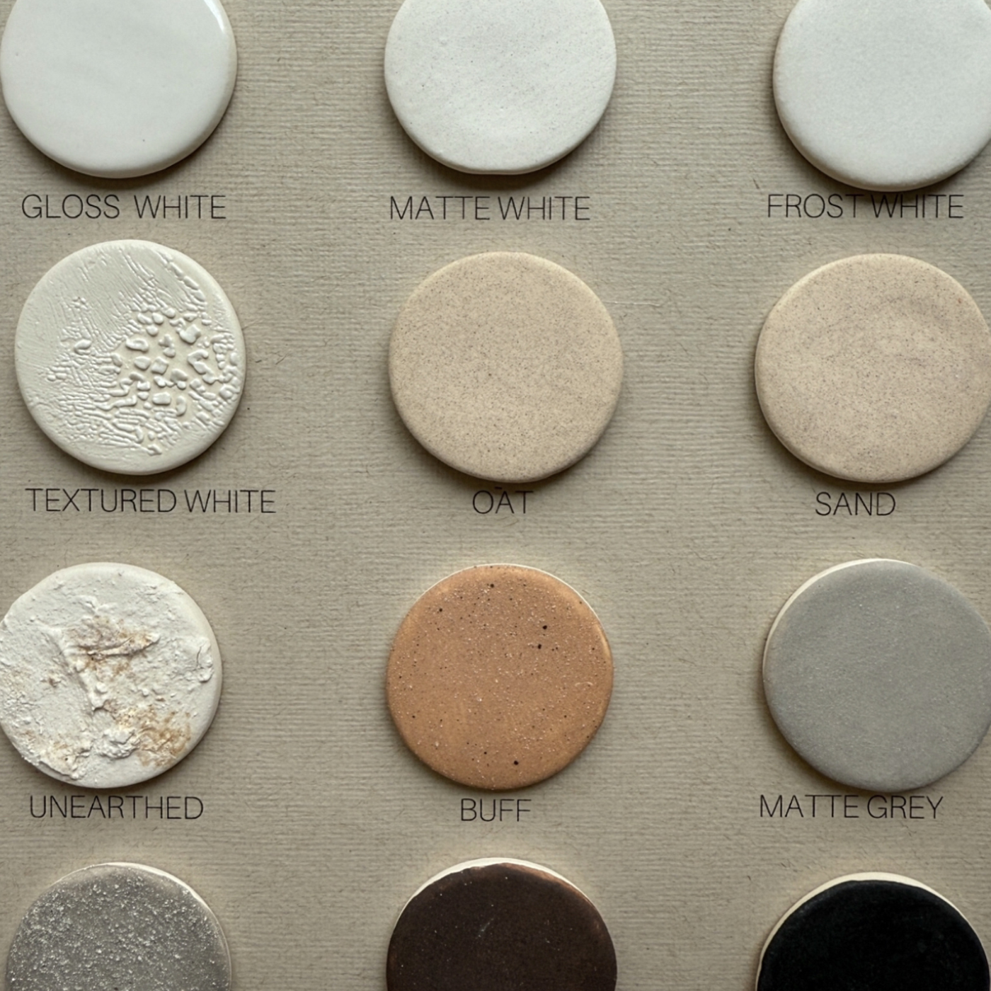 Muddy Heart glaze finish samples chart showing the neutral ceramic glaze color options