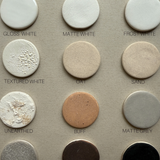 Muddy Heart glaze finish samples chart showing the neutral ceramic glaze color options