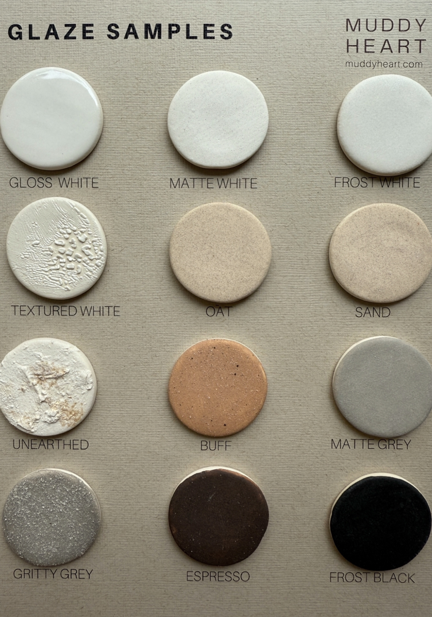 Muddy Heart glaze finish samples chart showing the neutral ceramic glaze color options