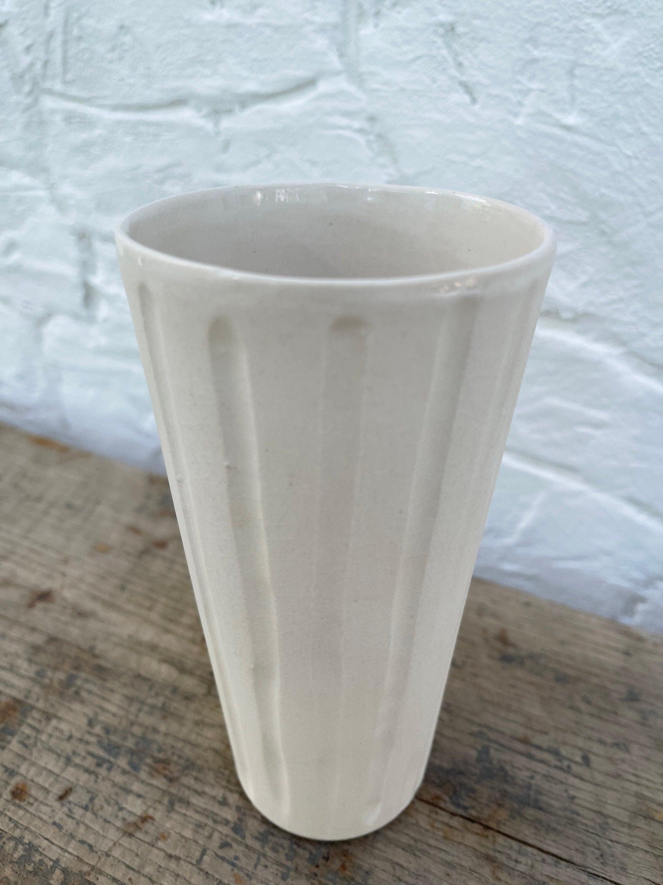 Handmade hand-carved stoneware ceramic tumbler with line texture by Muddy Heart