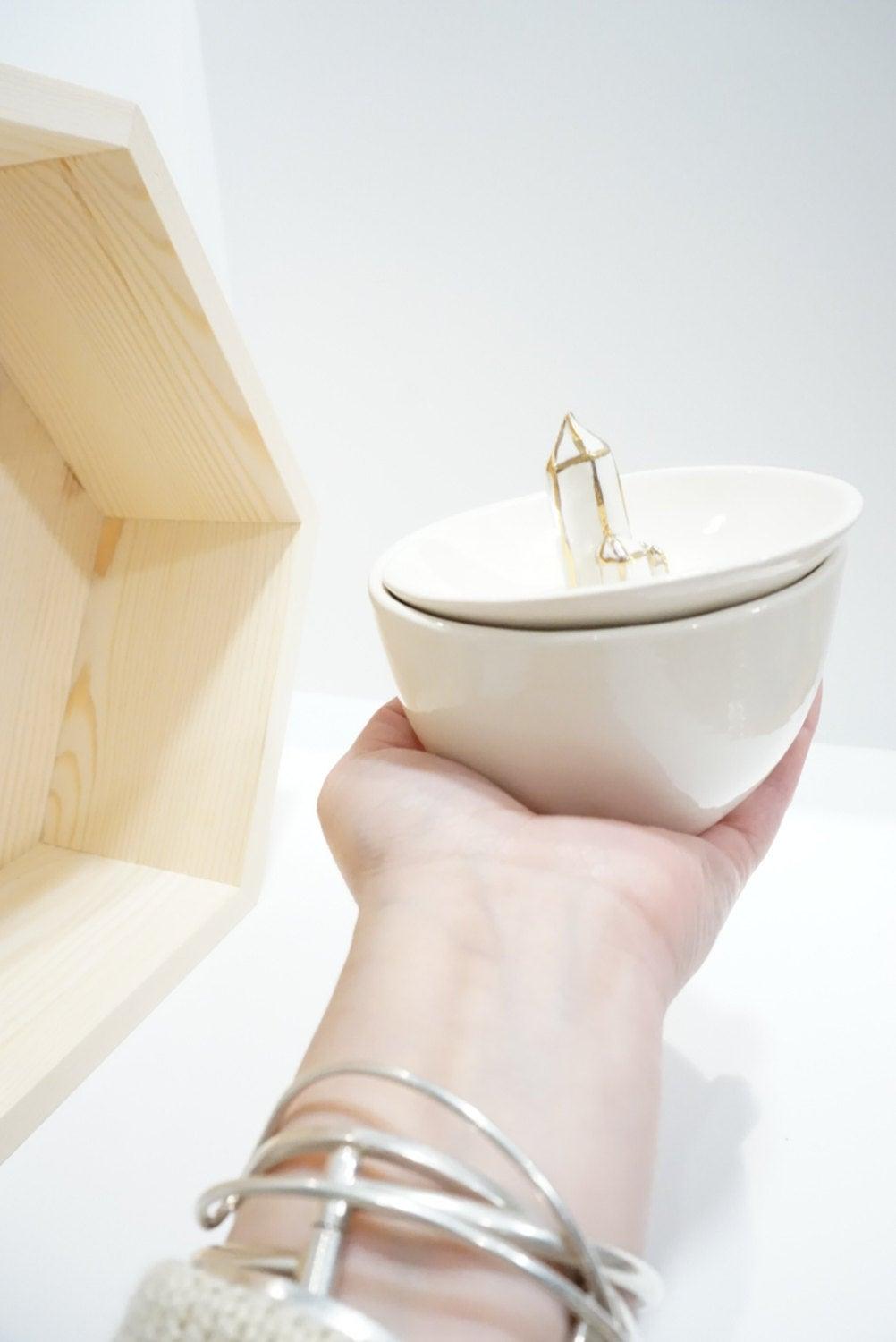 Handmade lidded ceramic storage jar with 22K gold luster detail by Muddy Heart