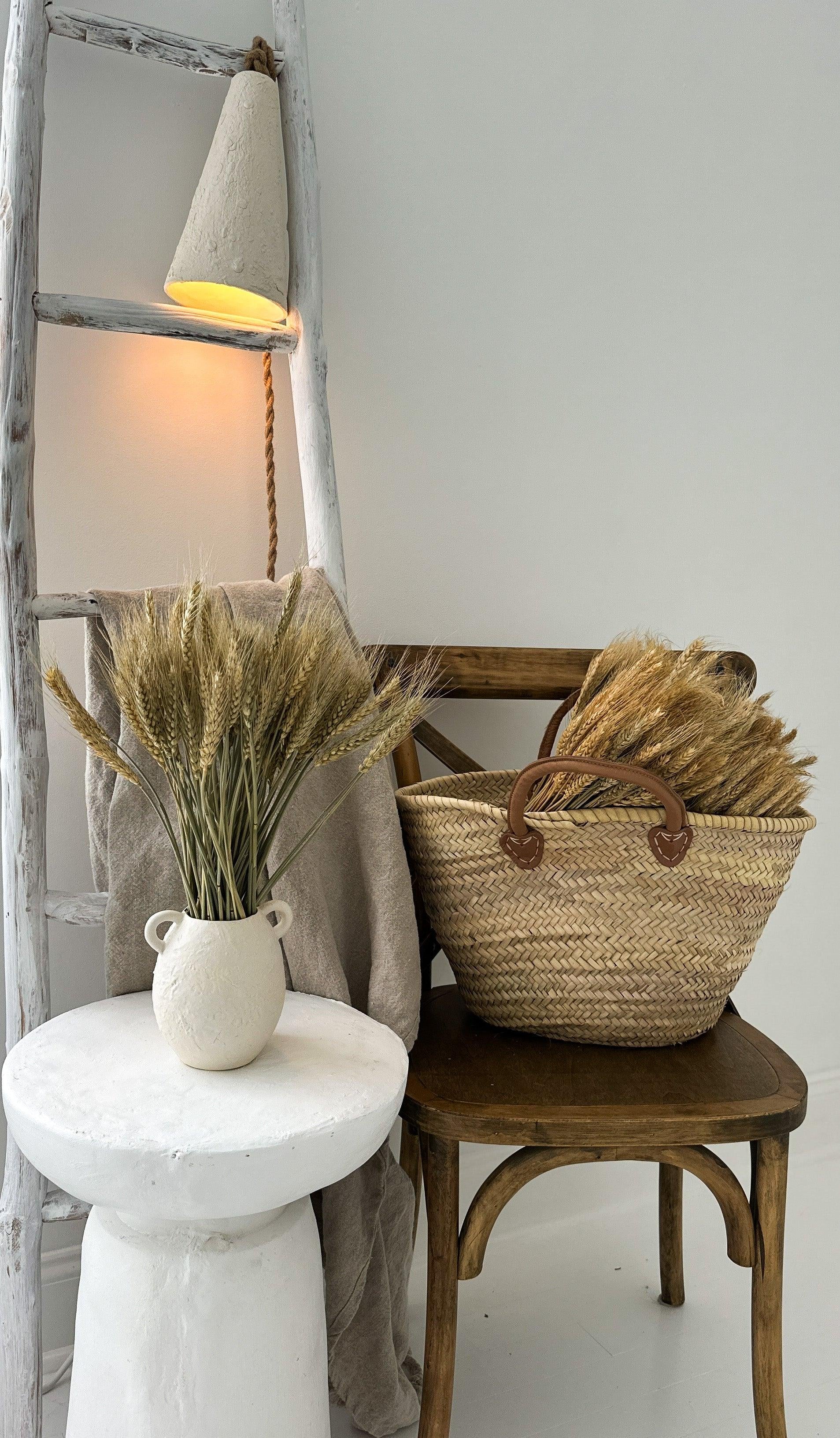 Bundle of 100 natural dried wheat stems in golden tones with soft sage undertones, 16 inches long, for autumn vase and mantel decor