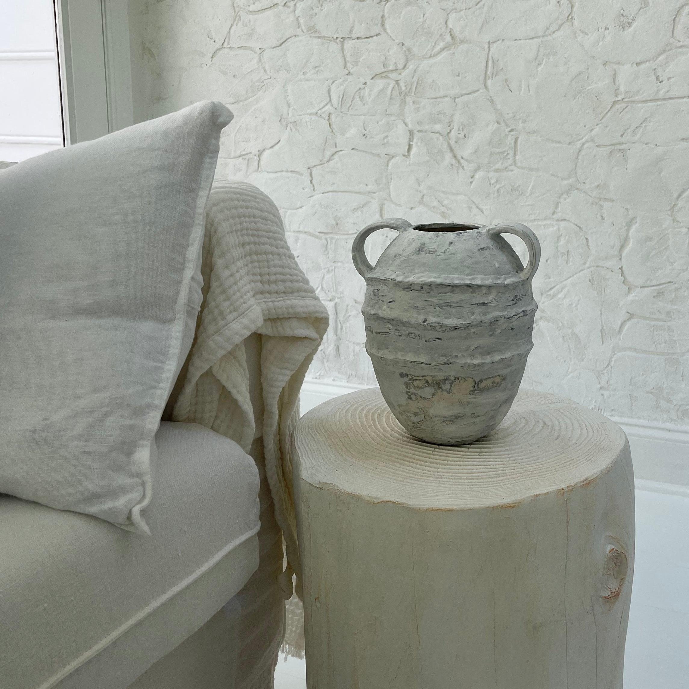 Handmade tall banded stoneware ceramic olive jar vessel by Muddy Heart