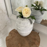 Handmade tall banded stoneware ceramic olive jar vessel by Muddy Heart