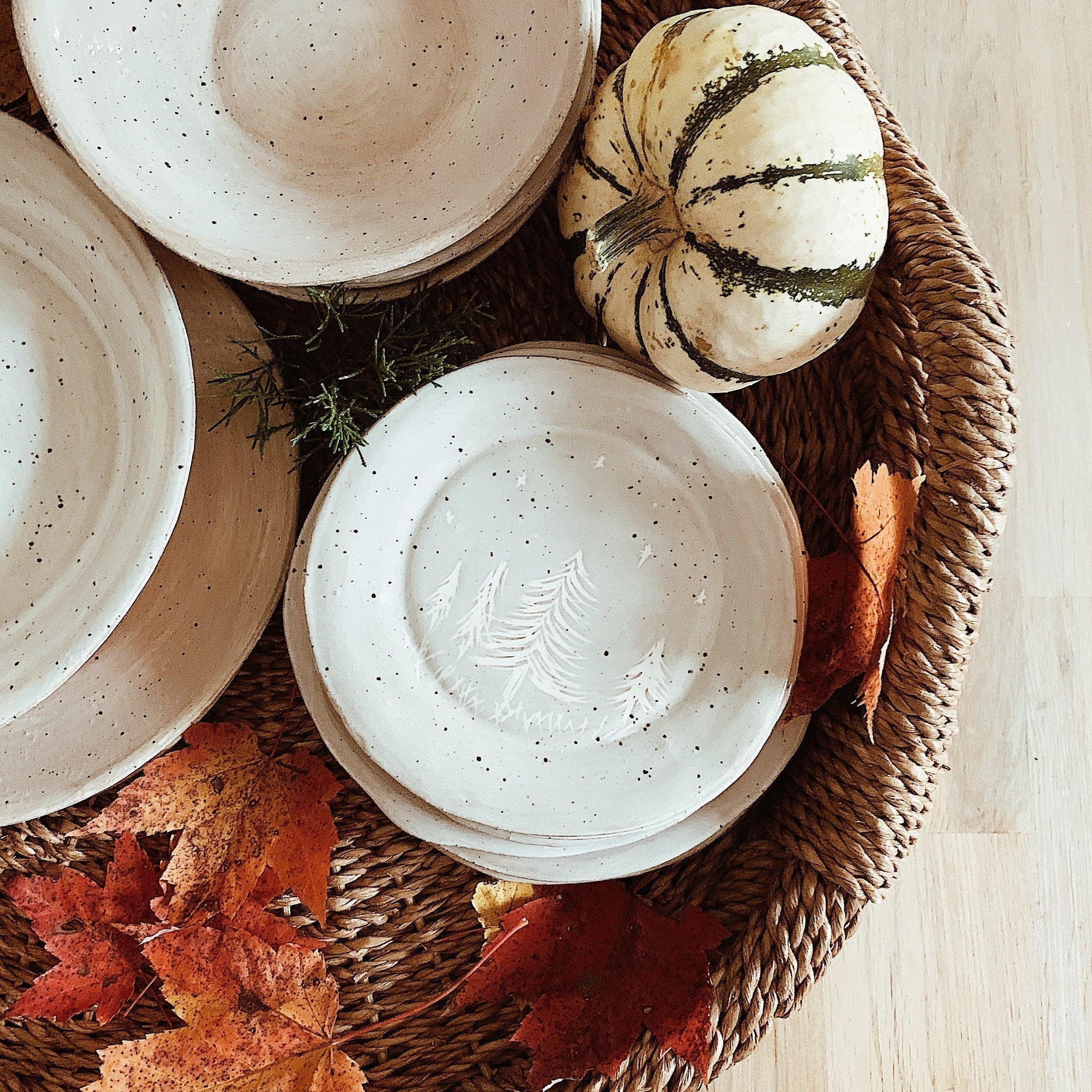 Handmade rustic speckled stoneware dinnerware with white glazed interior by Muddy Heart