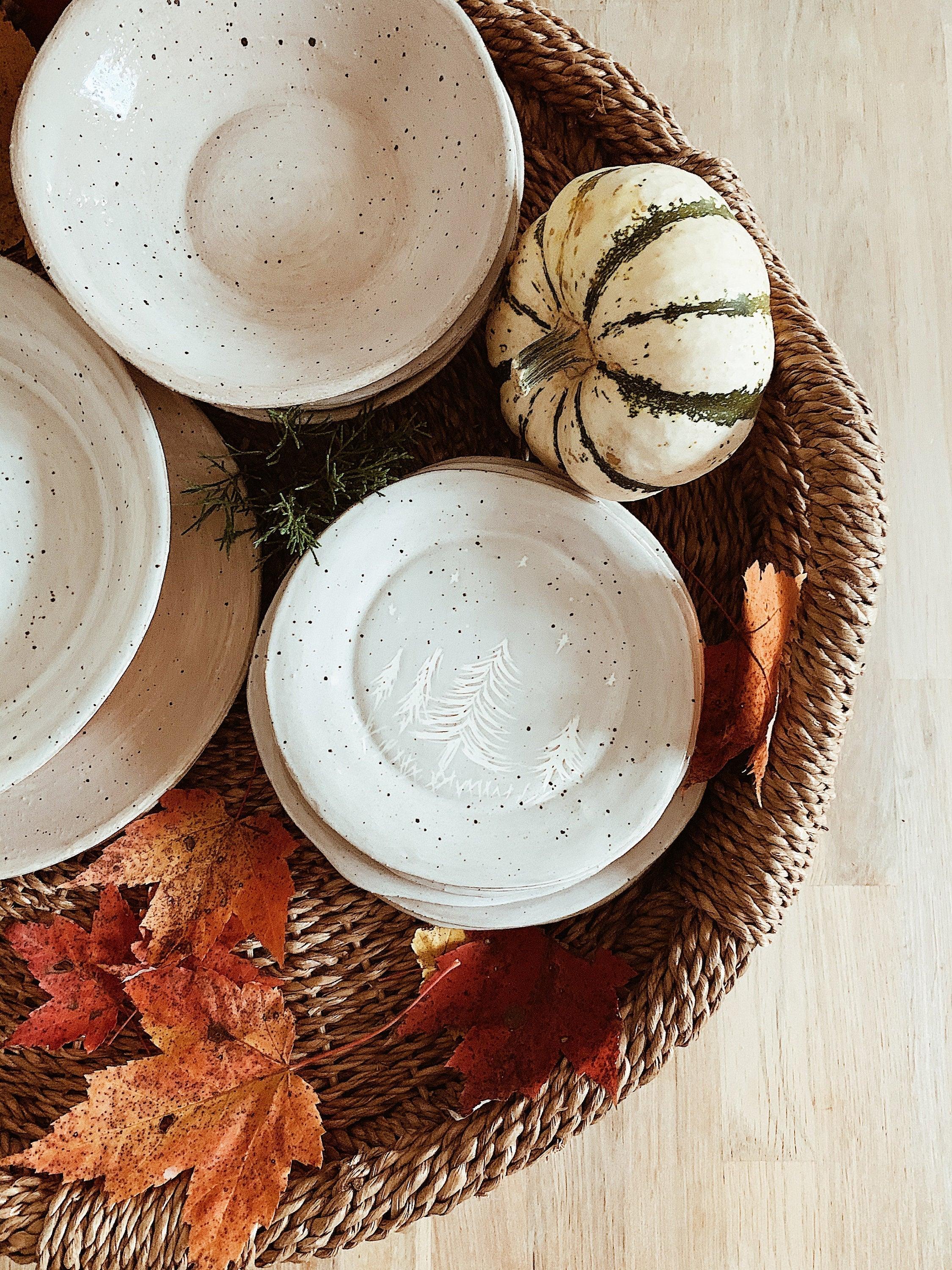 Handmade rustic speckled stoneware dinnerware with white glazed interior by Muddy Heart