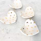Unique heart-shaped ceramic dishes with 22k gold dot design for minimalist decor