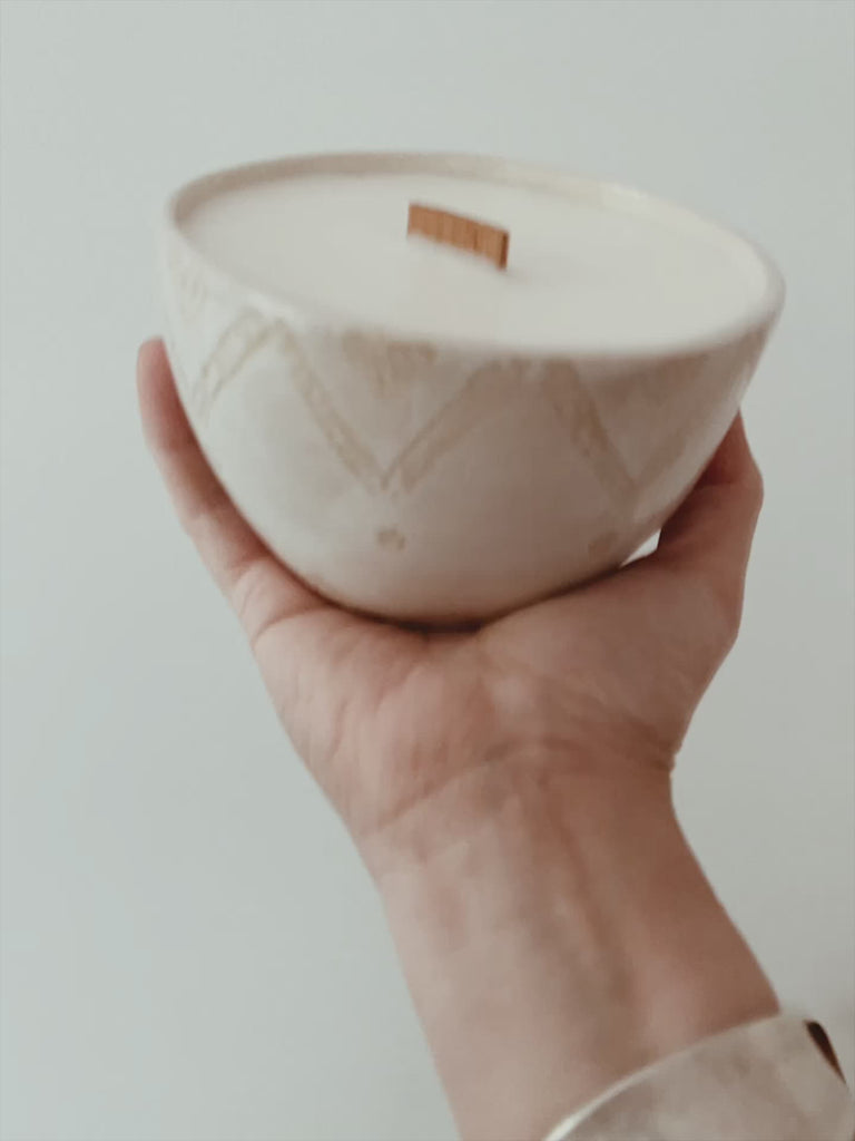 Hand-poured baked cookie vanilla soy candle in a handmade ceramic bowl