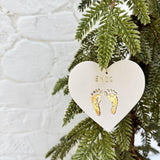 Unique baby name ornament in ceramic with gold footprints