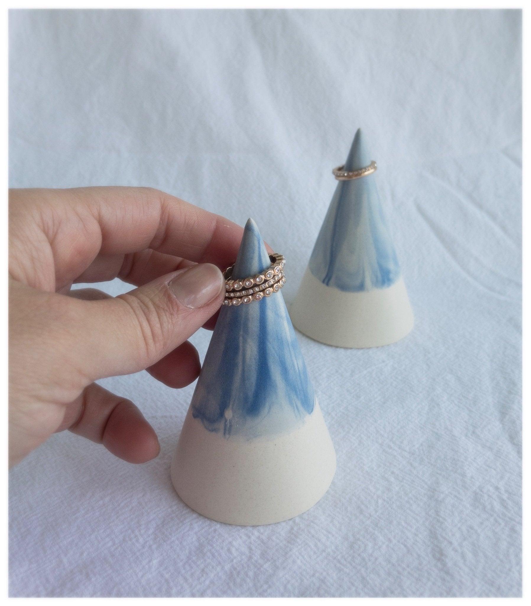 Blue marbled ceramic ring cone, 1.5 inches wide at the base, for jewelry storage