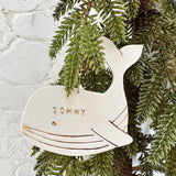 Personalized blue whale porcelain ornament with 22k gold luster