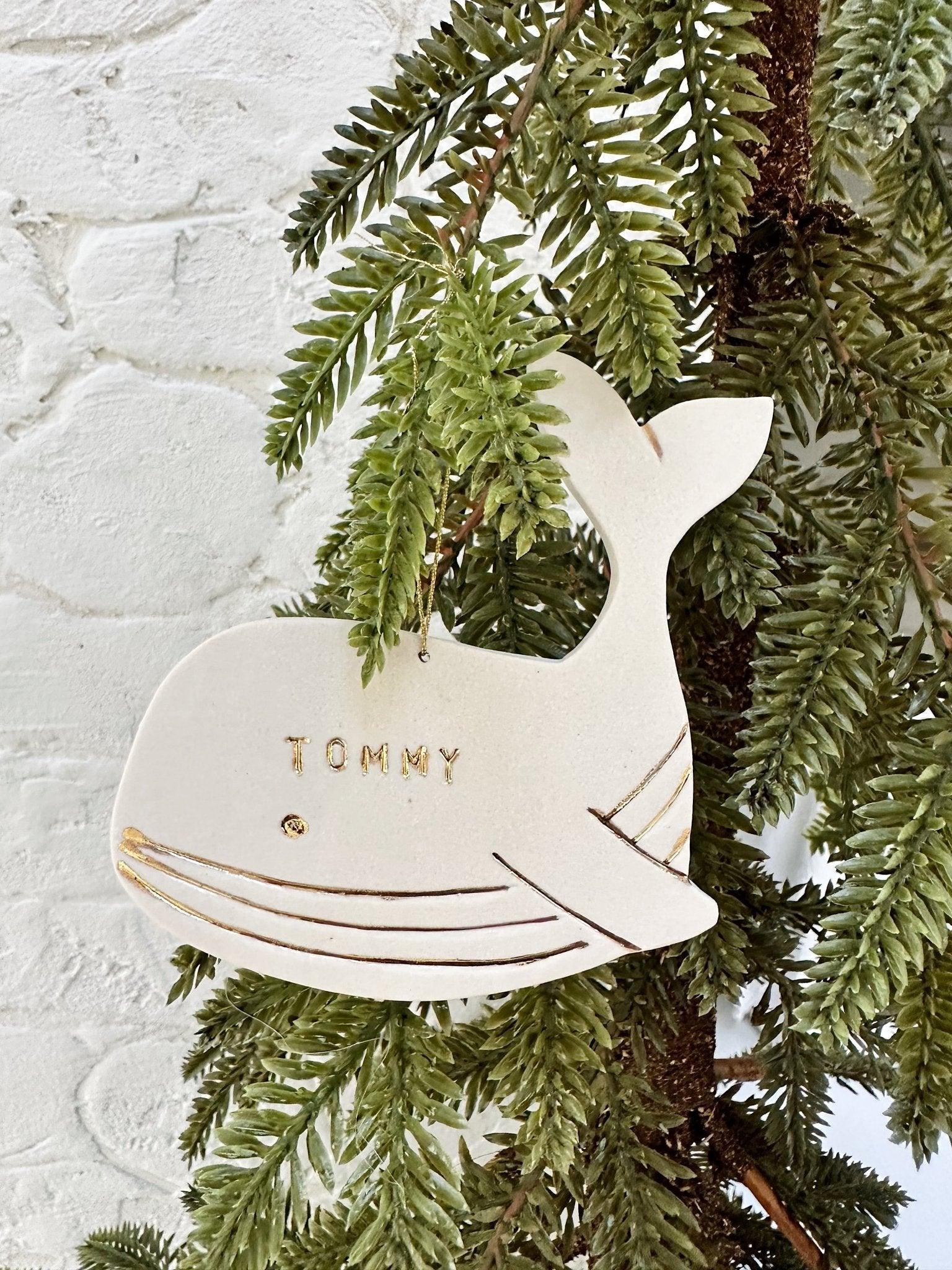 Personalized blue whale porcelain ornament with 22k gold luster